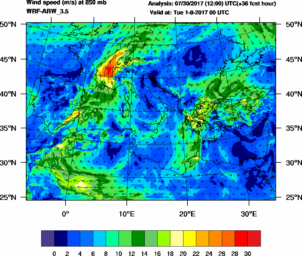 Wind speed (m/s) at 850 mb - 2017-08-01 00:00