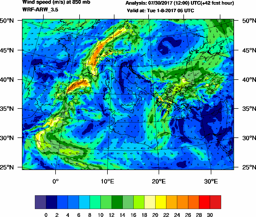 Wind speed (m/s) at 850 mb - 2017-08-01 06:00