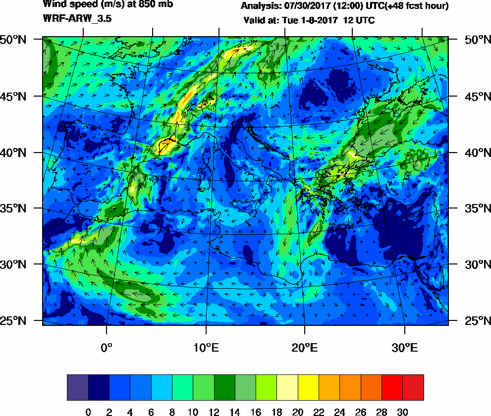 Wind speed (m/s) at 850 mb - 2017-08-01 12:00