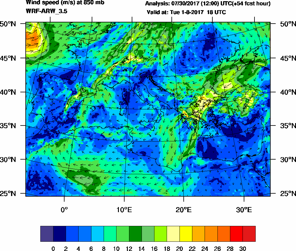 Wind speed (m/s) at 850 mb - 2017-08-01 18:00