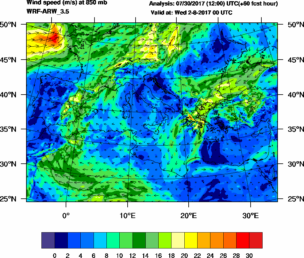 Wind speed (m/s) at 850 mb - 2017-08-02 00:00