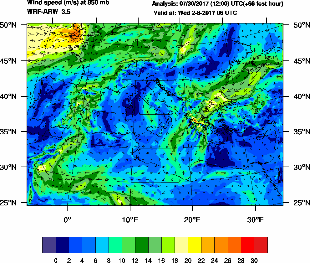 Wind speed (m/s) at 850 mb - 2017-08-02 06:00