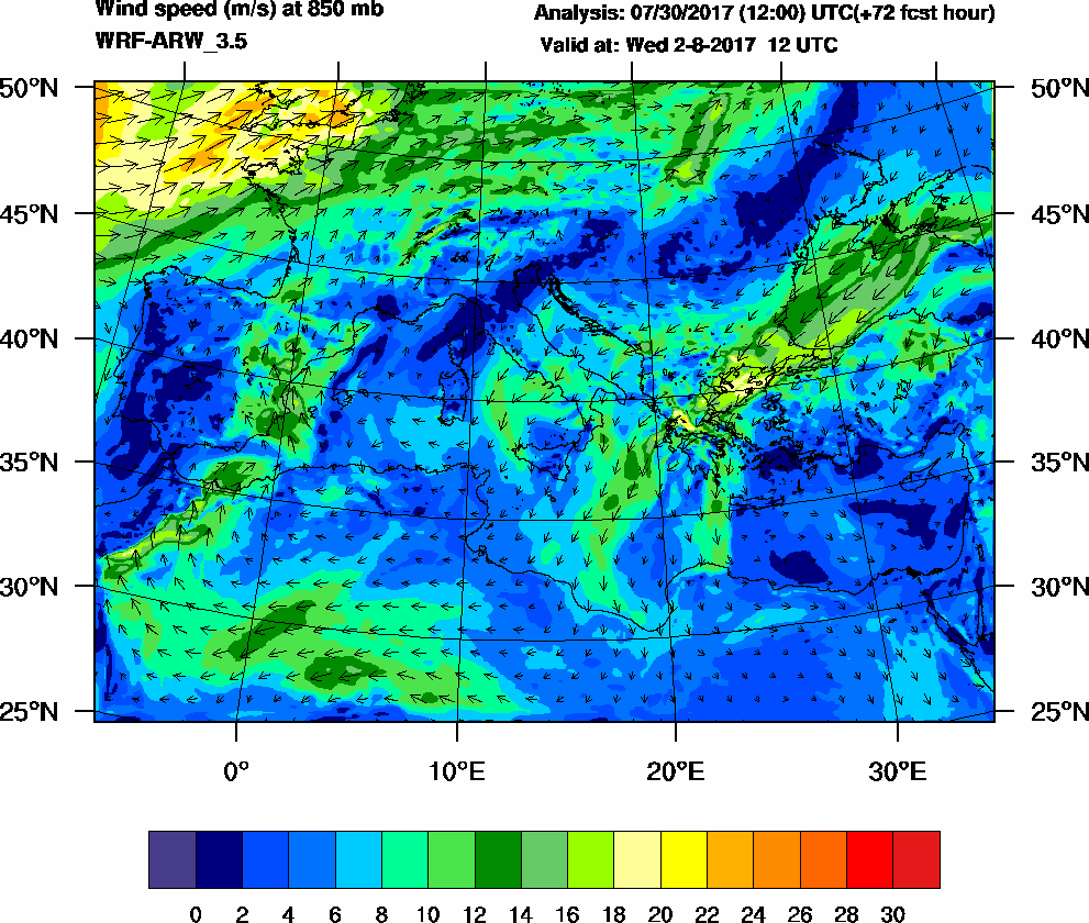 Wind speed (m/s) at 850 mb - 2017-08-02 12:00