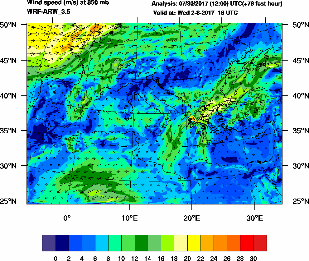 Wind speed (m/s) at 850 mb - 2017-08-02 18:00