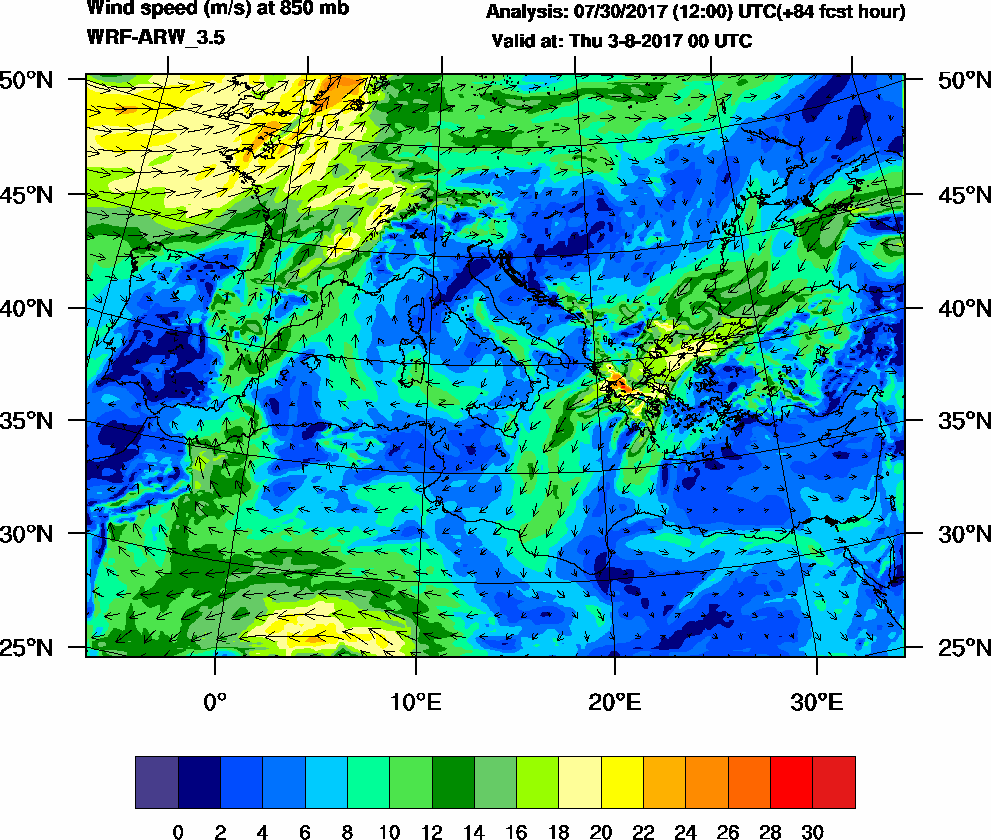 Wind speed (m/s) at 850 mb - 2017-08-03 00:00