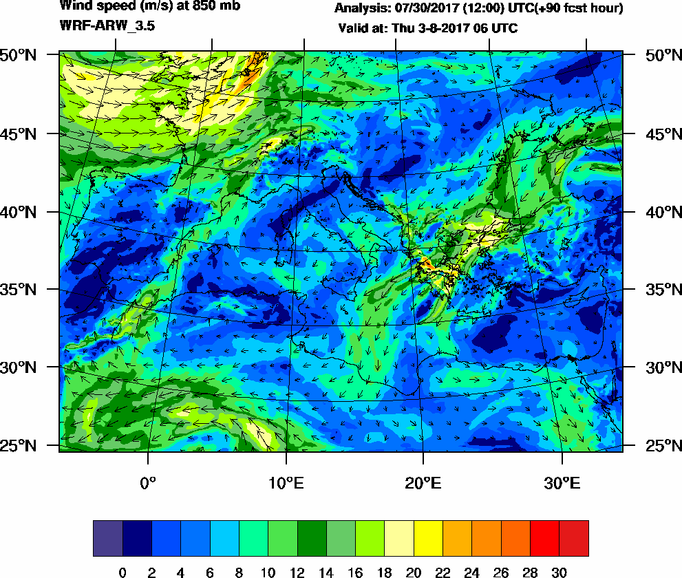 Wind speed (m/s) at 850 mb - 2017-08-03 06:00