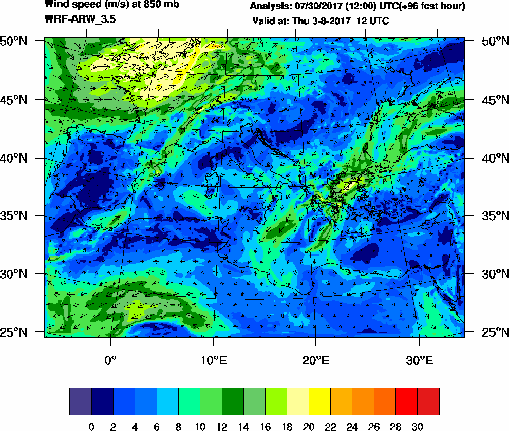 Wind speed (m/s) at 850 mb - 2017-08-03 12:00