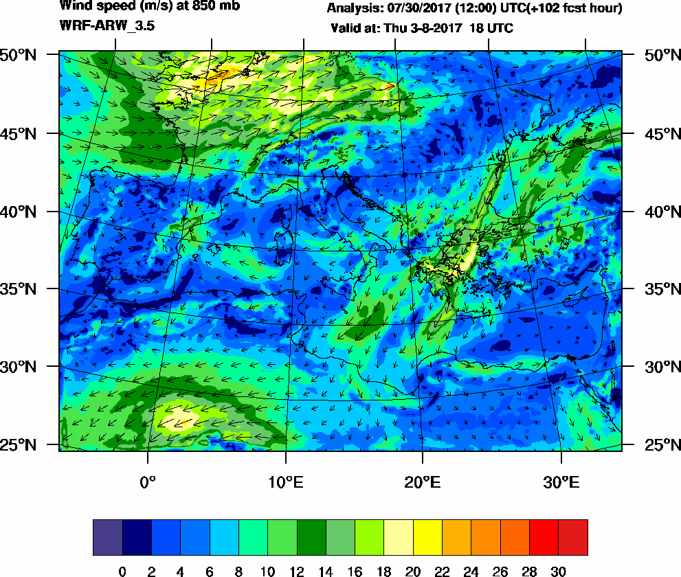 Wind speed (m/s) at 850 mb - 2017-08-03 18:00