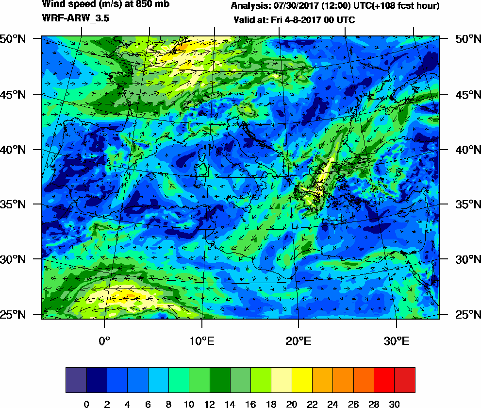 Wind speed (m/s) at 850 mb - 2017-08-04 00:00