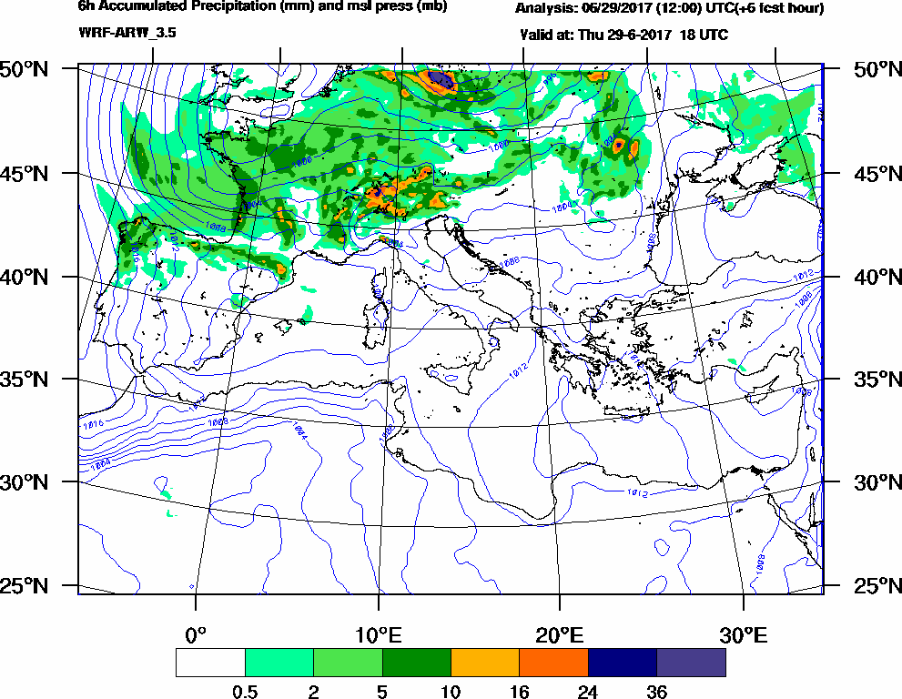 6h Accumulated Precipitation (mm) and msl press (mb) - 2017-06-29 12:00